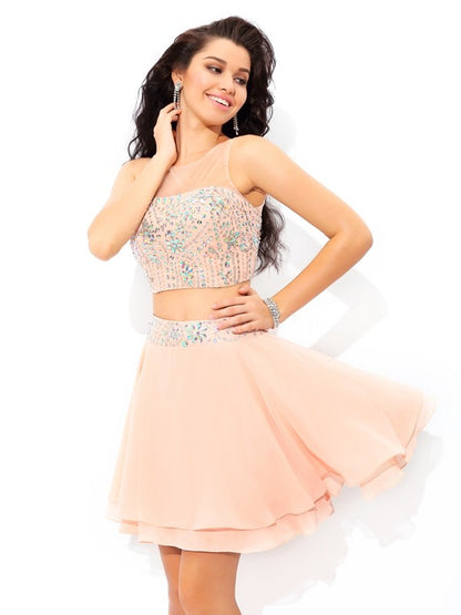 A-Line/Princess Sheer Neck Beading Sleeveless Short Chiffon Two Piece Dresses/Homecoming dresses