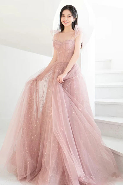 Pink Tulle Long A-Line Prom Dress Beautiful Pink Graduation Dress