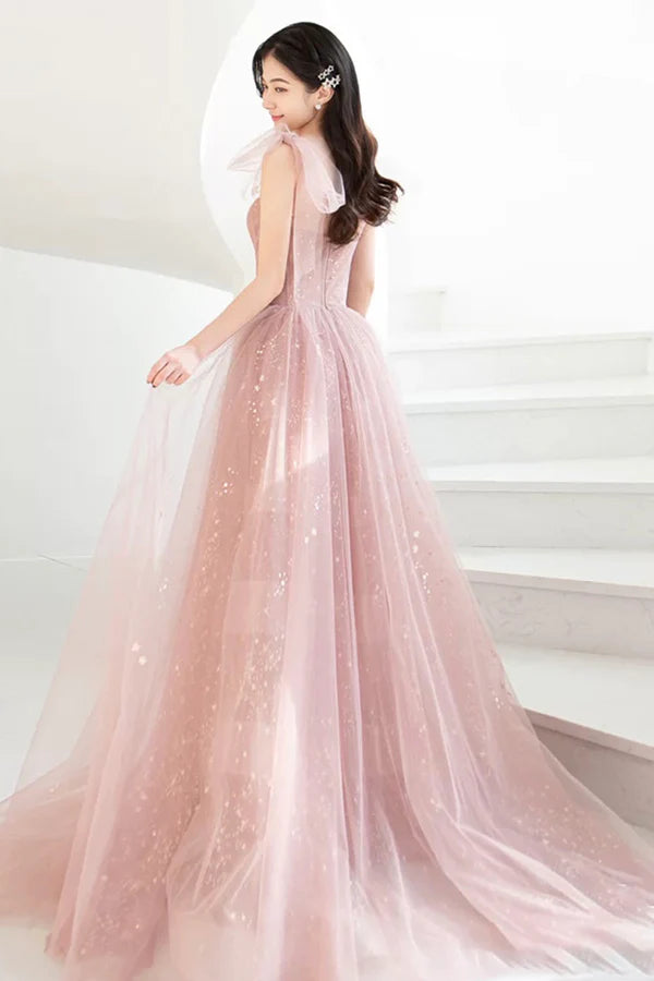 Pink Tulle Long A-Line Prom Dress Beautiful Pink Graduation Dress