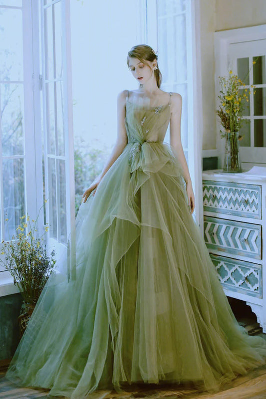 Green Tulle Long A-Line Prom Dress Green Spaghetti Strap Evening Dress