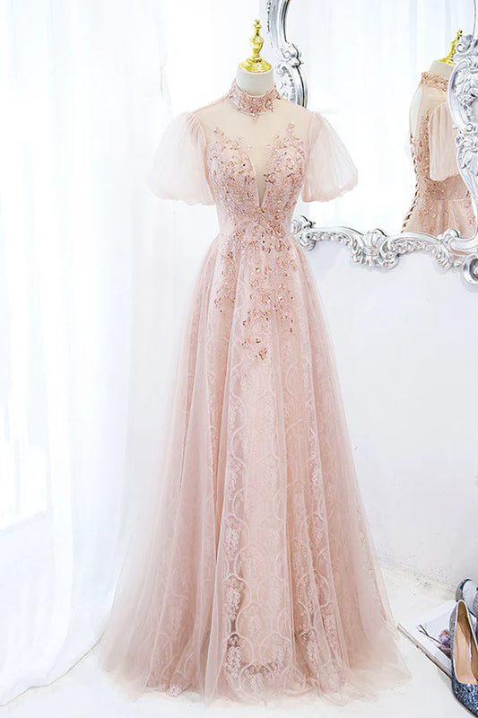 Pink Tulle Long A-Line Prom Dress Pink Short Sleeve Evening Party Dress