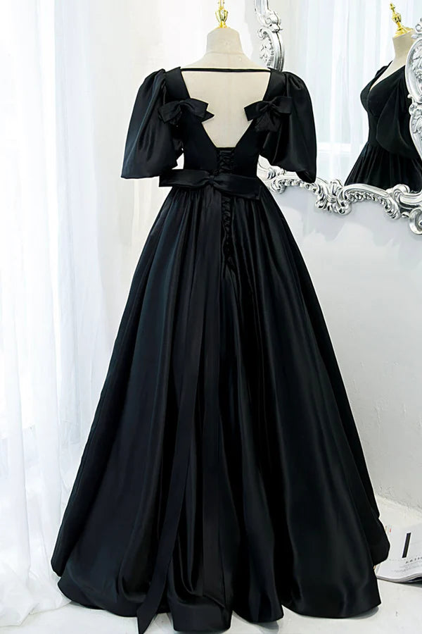 Black V-Neck Satin Long Prom Dress A-Line Short Sleeve Evening Dress