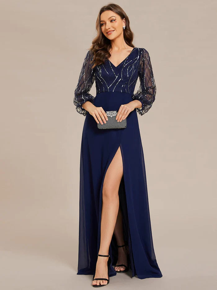 Sequin See-through Long Sleeves High Slit Chiffon A-Line Evening Dress/Party Dresses