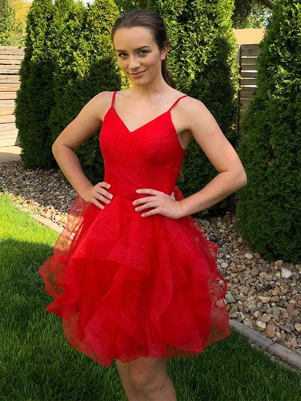 Princess Spaghetti Straps Ruffles Sleeveless Tulle Short/Mini Homecoming Dresses