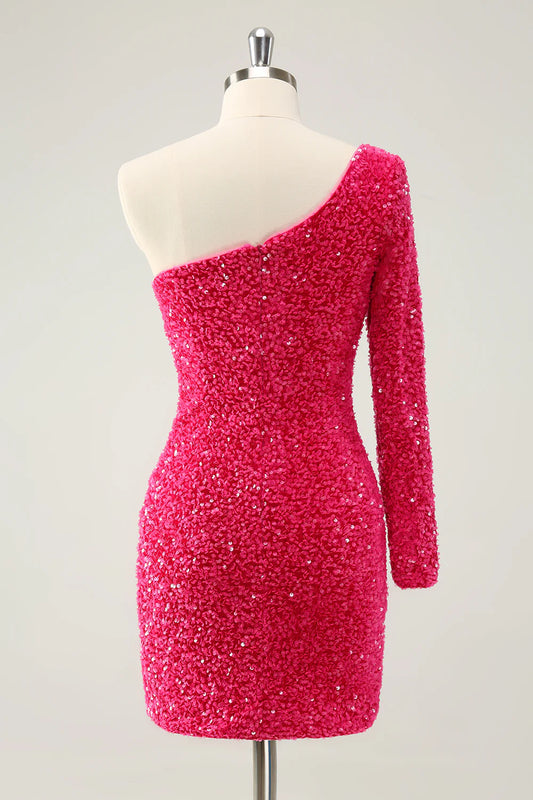 Hot Pink One Shoulder Glitter Sequins Homecoming Dress with Slit