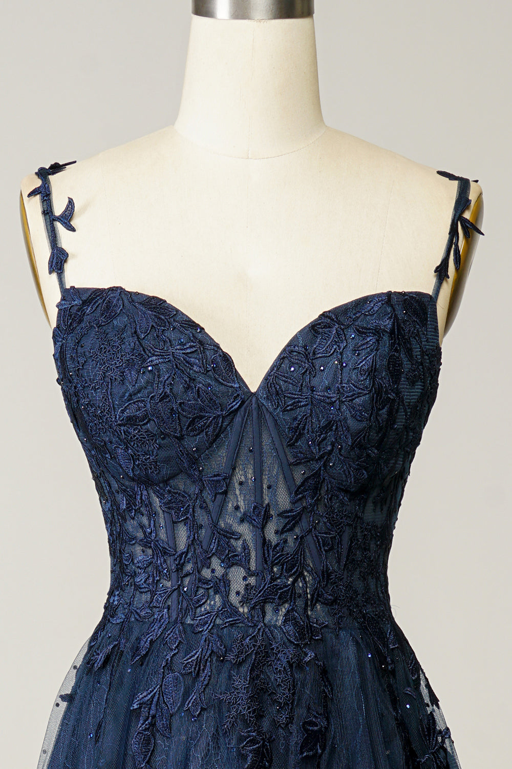 Gorgeous A Line Spaghetti Straps Navy Long Prom Dress with Appliques