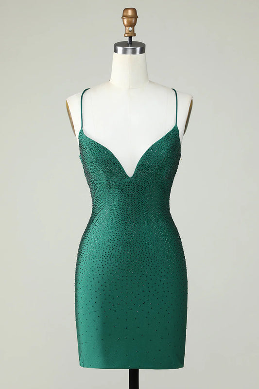 Elegant Sheath Spaghetti Straps Dark Green Short Homecoming Dress with Beading