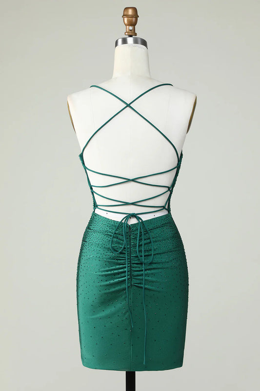 Elegant Sheath Spaghetti Straps Dark Green Short Homecoming Dress with Beading