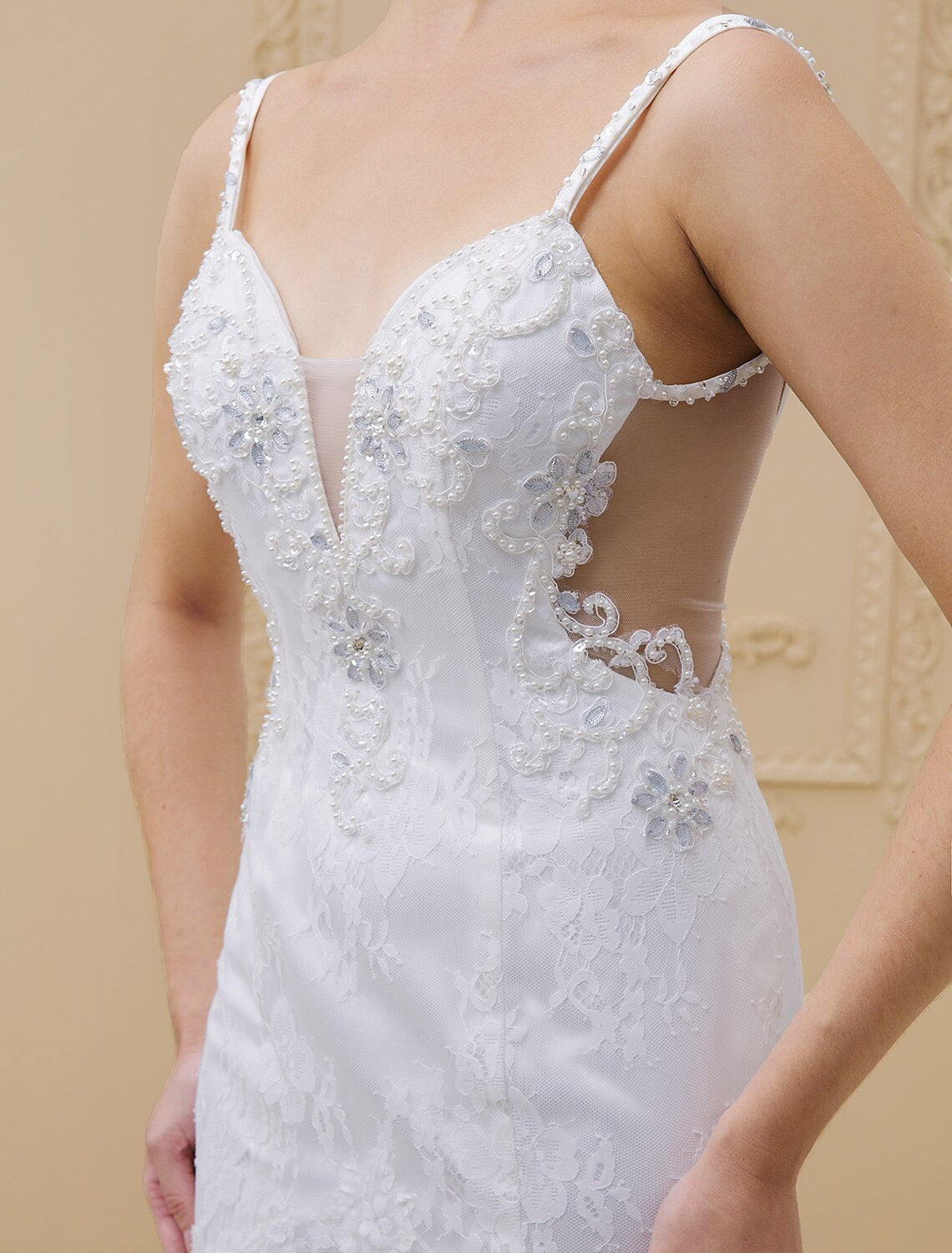 Mermaid / Trumpet Spaghetti Strap Chapel Train Beaded Lace Made-To-Measure Wedding Dresses