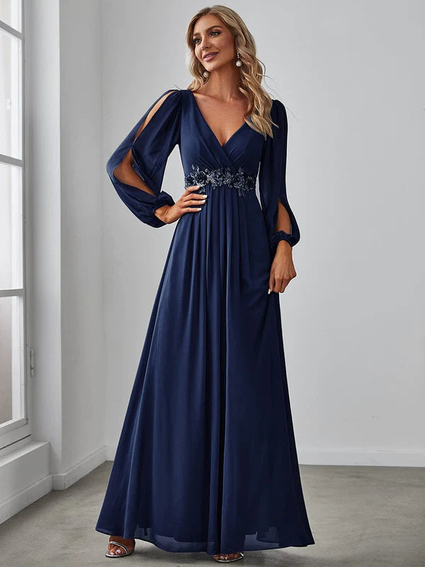 Elegant Chiffon V-Neckline Long Sleeve Formal Evening Dress