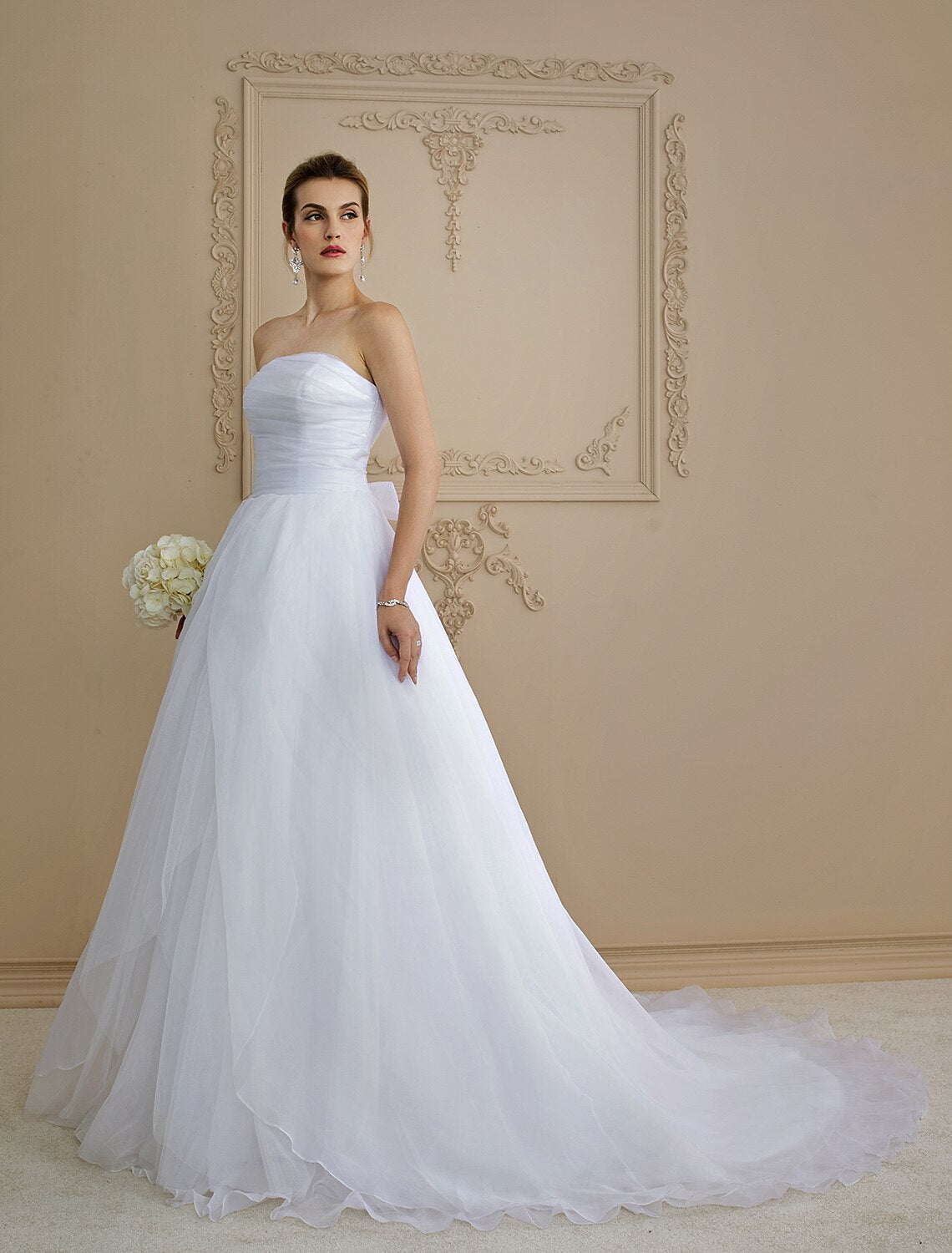 A-Line Strapless Chapel Train Organza Custom Wedding Dresses with Side-Draped Button