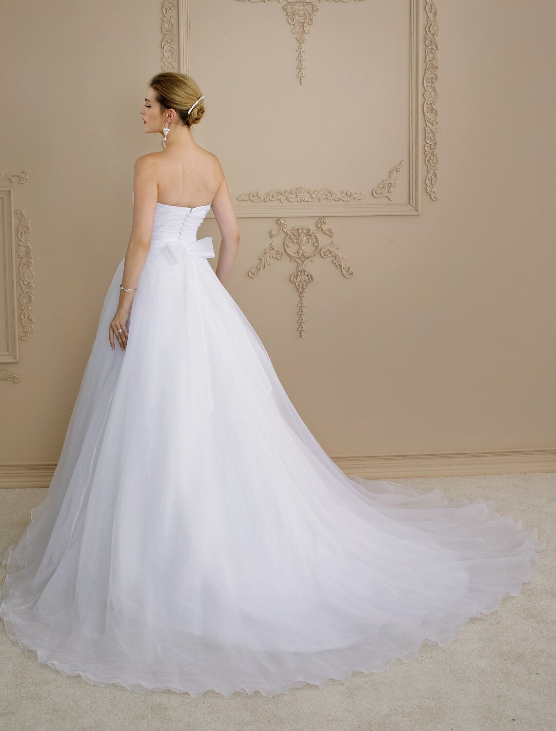 A-Line Strapless Chapel Train Organza Custom Wedding Dresses with Side-Draped Button