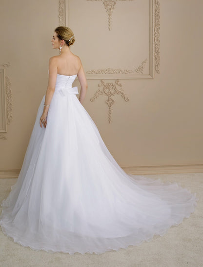 A-Line Strapless Chapel Train Organza Custom Wedding Dresses with Side-Draped Button