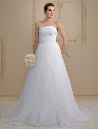 A-Line Strapless Chapel Train Organza Custom Wedding Dresses with Side-Draped Button