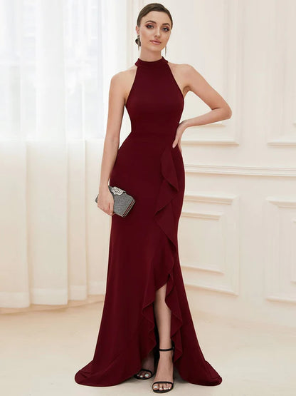 Ruffled Front Slit Cinched Waist Halter Sleeveless Evening Dress