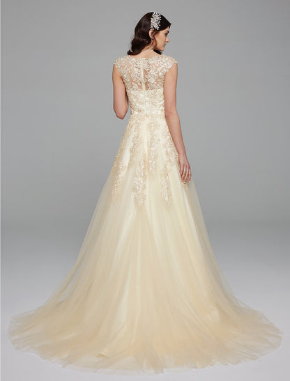 A-Line Plunging Neck Sweep / Brush Train Lace / Tulle Custom Wedding Dresses