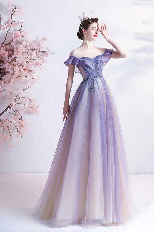 Purple Scoop Neckline Tulle Long Prom Dress A-Line Formal Evening Dress