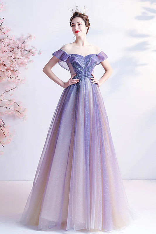 Purple Scoop Neckline Tulle Long Prom Dress A-Line Formal Evening Dress