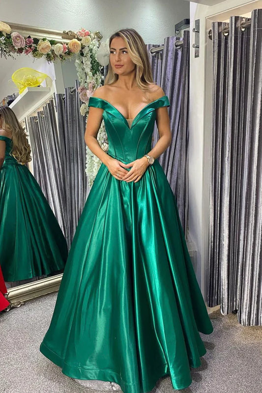 Green Satin Long Off the Shoulder Prom Dress V-Neck Evening Party Dress