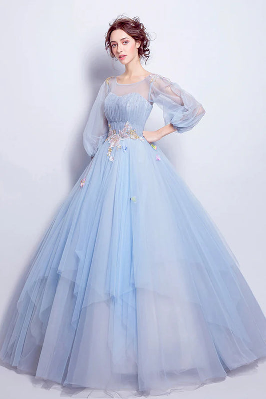 Blue Tulle Long A-Line Prom Dress Long Sleeve Lace Formal Gown