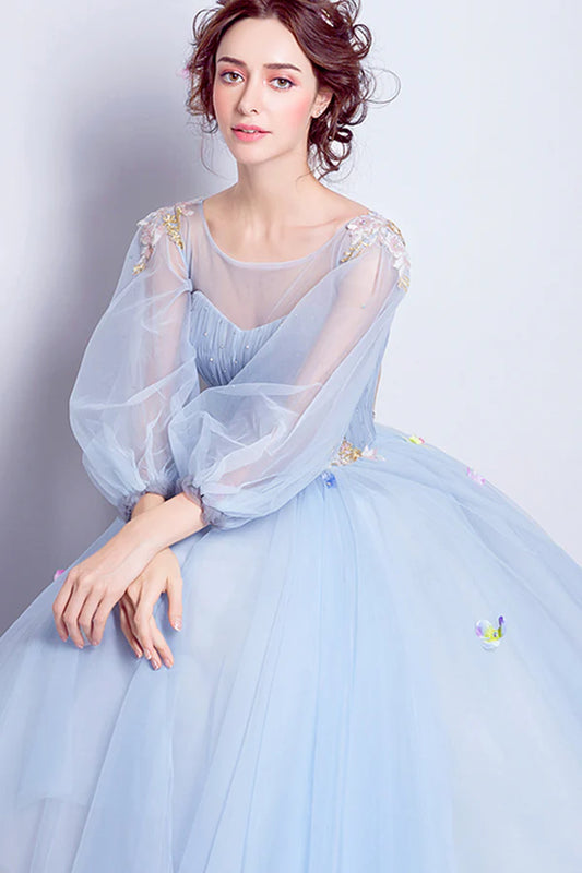 Blue Tulle Long A-Line Prom Dress Long Sleeve Lace Formal Gown