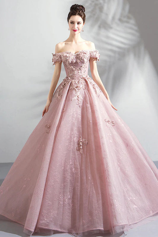 Pink Tulle Lace Long Formal Party Dress Off the Shoulder Evening Dress