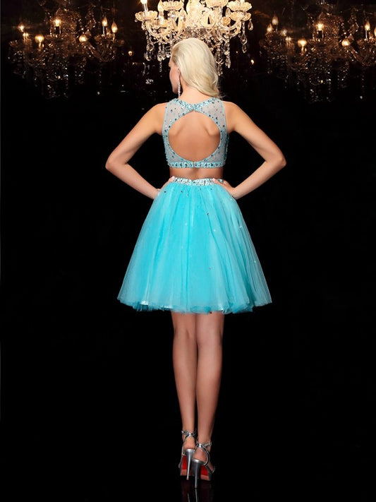 A-Line/Princess Scoop Rhinestone Sleeveless Short Net Dresses