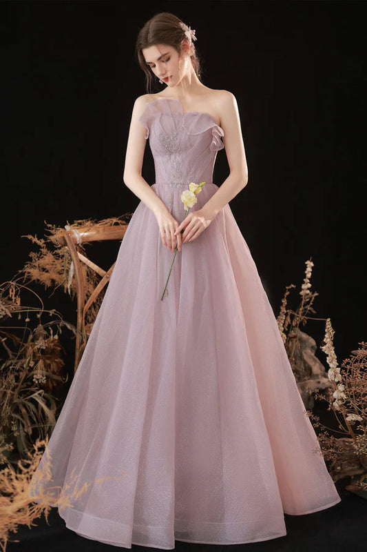 Pink Tulle Long A-Line Prom Dress Pink Strapless Evening Party Dress