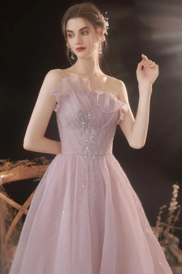 Pink Tulle Long A-Line Prom Dress Pink Strapless Evening Party Dress