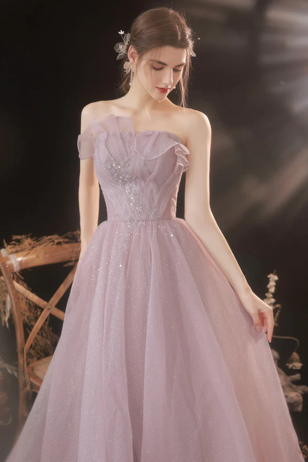 Pink Tulle Long A-Line Prom Dress Pink Strapless Evening Party Dress