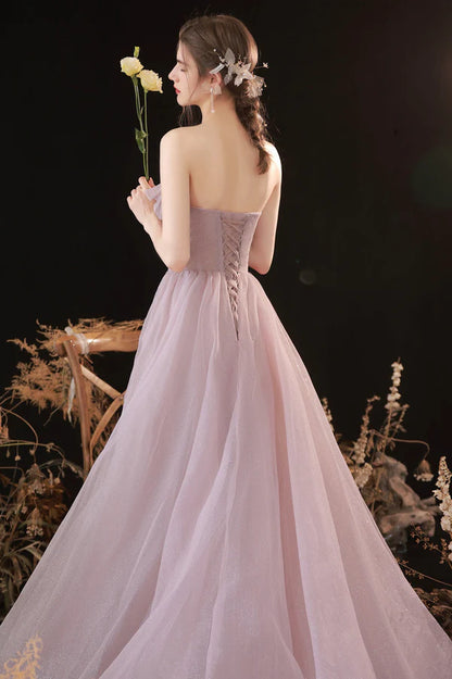 Pink Tulle Long A-Line Prom Dress Pink Strapless Evening Party Dress