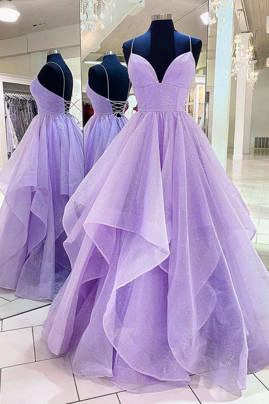 Purple Tulle Long A-Line Prom Dress Beautiful Spaghetti Strap Formal Evening Dress