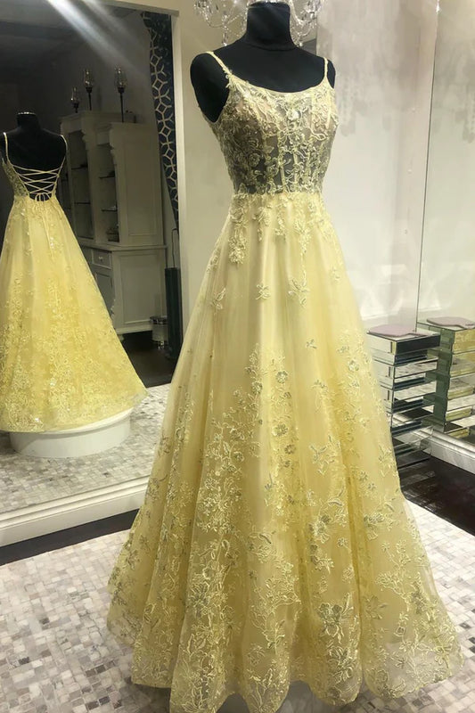 Yellow Tulle Long Prom Dress with Lace A-Line Backless Party Dress