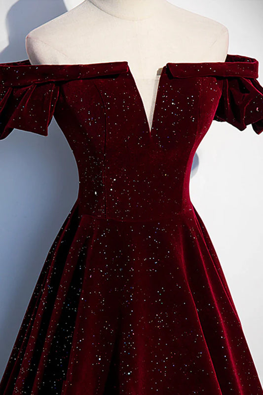 Burgundy Velvet Long Prom Dress A-Line Off the Shoulder Evening Dress