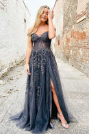 Black Off the Shoulder Lace Long Prom Dress A-Line Tulle Evening Dress with Slit