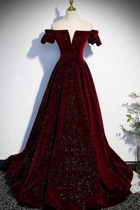 Burgundy Velvet Long Prom Dress A-Line Off the Shoulder Evening Dress