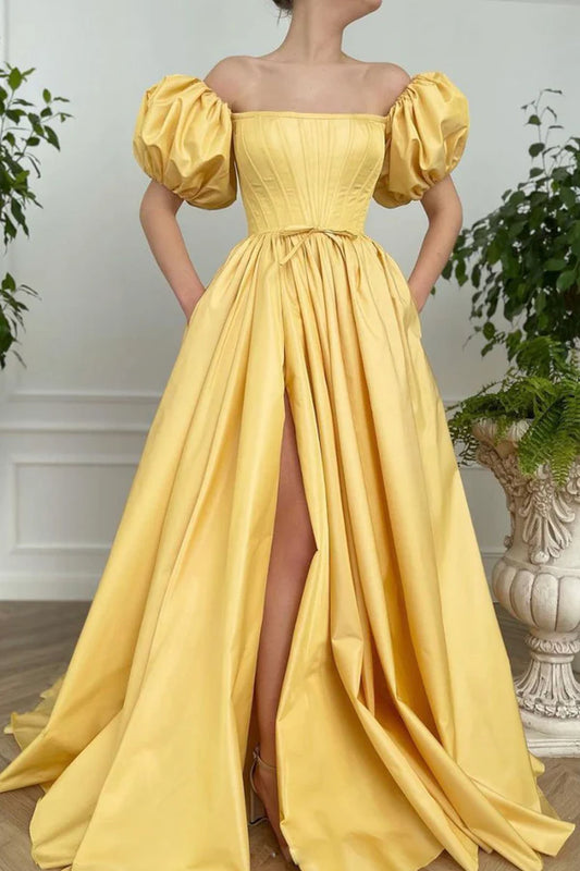 Yellow Satin Long A-Line Prom Dress Cute Short Sleeve Evening Dress with Slit