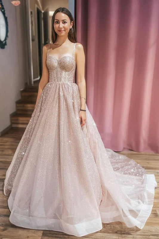 Champagne Spaghetti Strap Tulle Sequins Evening Dress A-Line Party Dress