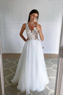 White Lace Long A-Line Prom Dress Cute V-Neck Organza Party Dress