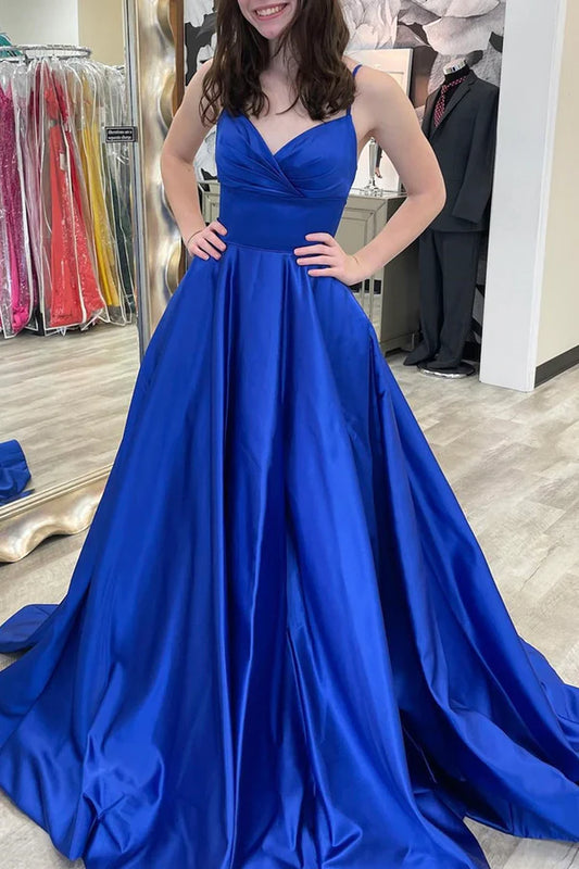 Blue V-Neck Satin Long Prom Dress A-Line Evening Dress with Bow