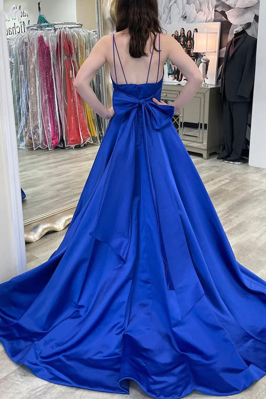 Blue V-Neck Satin Long Prom Dress A-Line Evening Dress with Bow