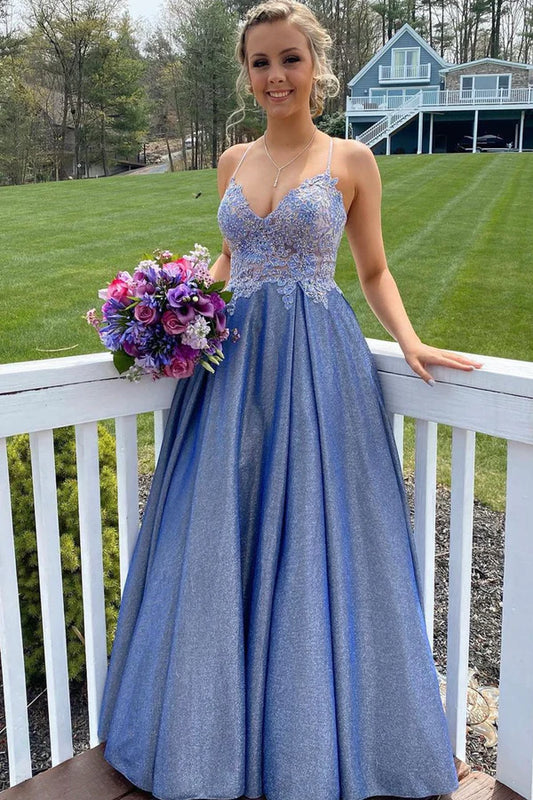 Blue V-Neck Long Prom Dress A-Line Spaghetti Strap Evening Dress