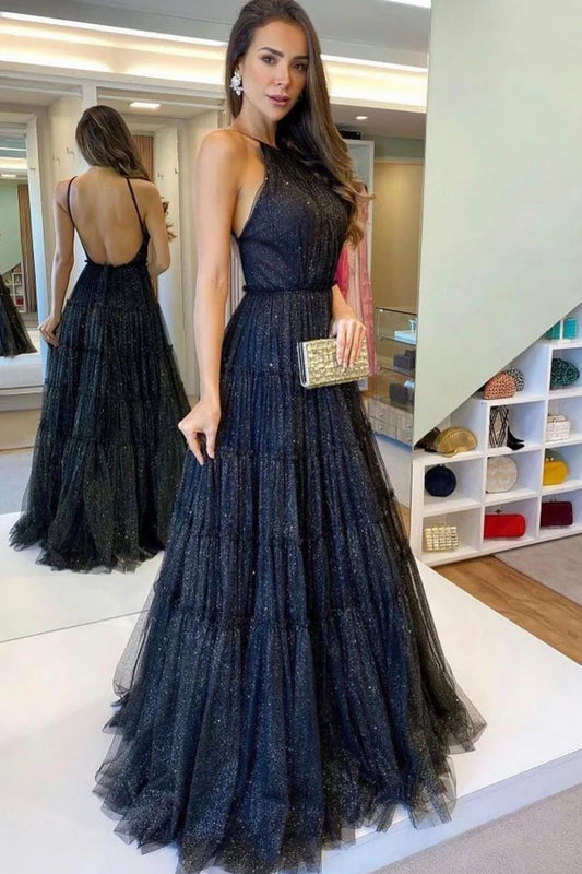 Black Tulle Long Backless Prom Dress A-Line Black Evening Party Dress