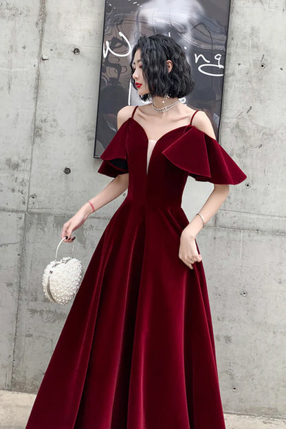 Burgundy Velvet Long A-Line Prom Dress Simple V-Neck Evening Dress