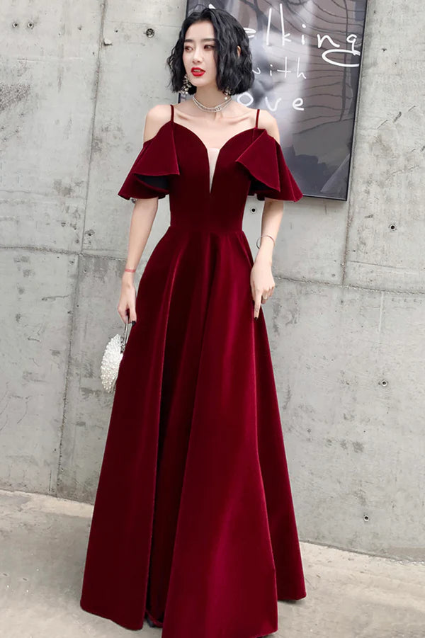 Burgundy Velvet Long A-Line Prom Dress Simple V-Neck Evening Dress