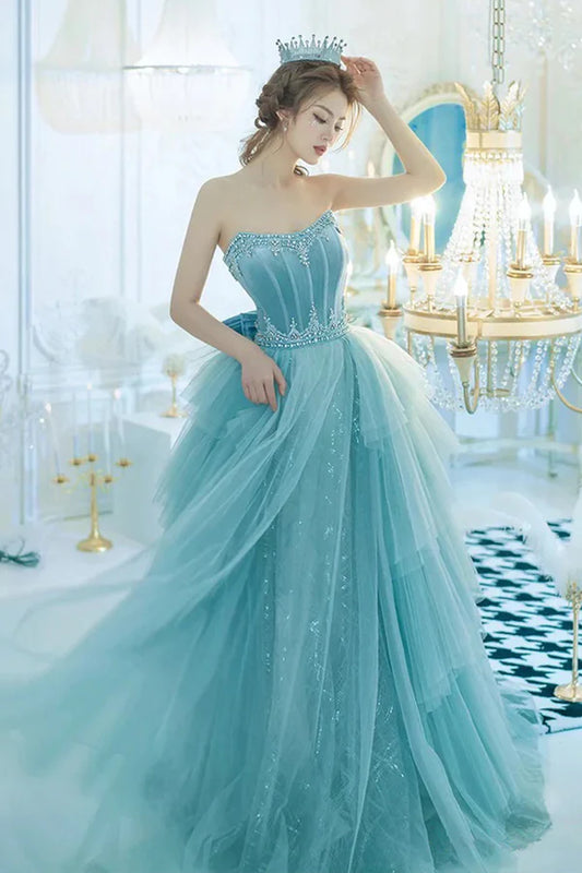 Blue Strapless Tulle Long Prom Dress Beautiful Princess Dress with Bow