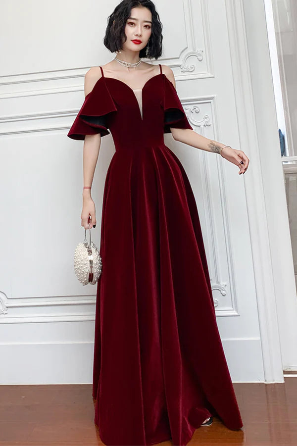 Burgundy Velvet Long A-Line Prom Dress Simple V-Neck Evening Dress