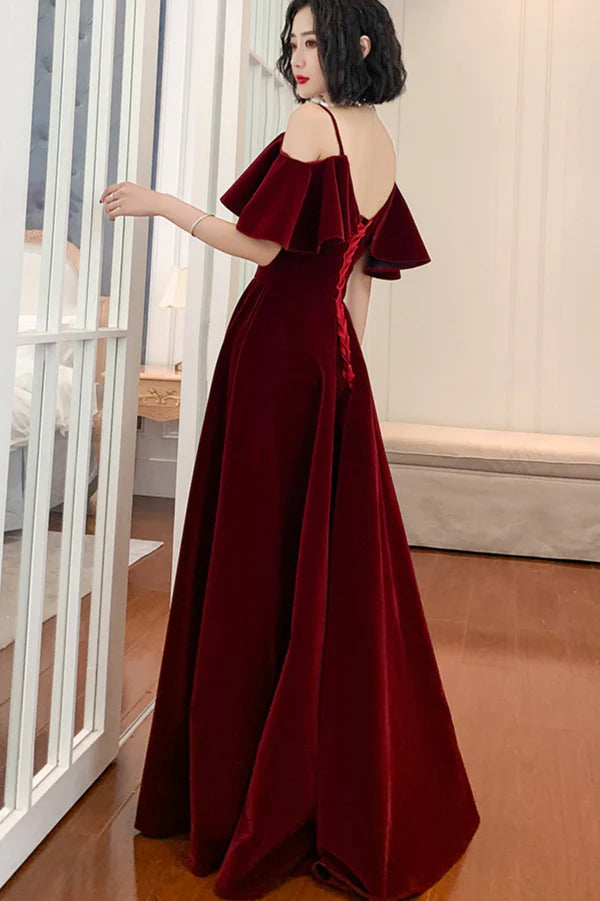 Burgundy Velvet Long A-Line Prom Dress Simple V-Neck Evening Dress