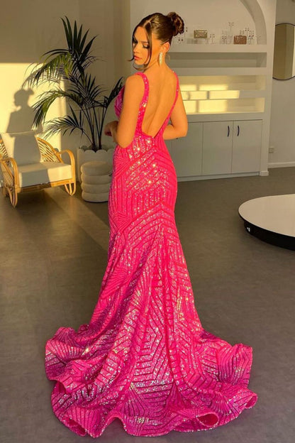 Sparkly Mermaid Deep V Neck Orange Sequins Long Prom Dress with Backless