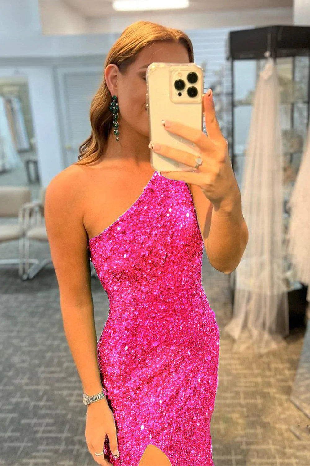 Sheath One Shoulder Fuchsia Sequins Long Prom Dress with Split Front